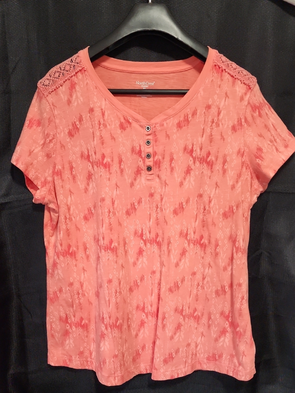 Northcrest Coral Pink Short Sleeve Henley with Lace-Trim Shoulders
